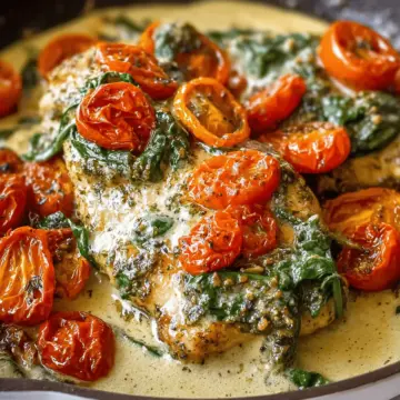 Creamy Pesto Chicken with Roasted Tomatoes & Spinach