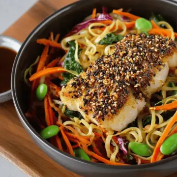 Sesame Crusted Blue Cod & Crispy Rainbow Noodle Bowl