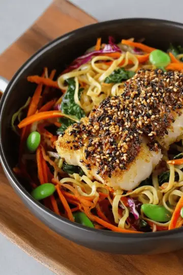 Sesame Crusted Blue Cod & Crispy Rainbow Noodle Bowl