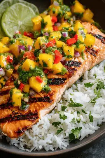 Grilled Salmon with Mango Salsa and Coconut Rice