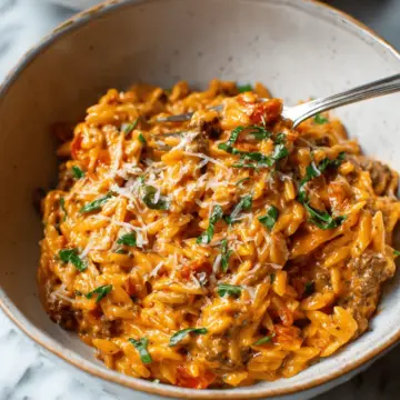 Ground Beef Orzo with Tomato Cream Sauce