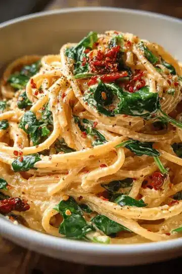 Spaghetti & Spinach with Sun-Dried Tomato Cream Sauce