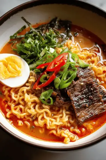 Spicy Korean Ramen with Grilled Beef & Creamy Sauce