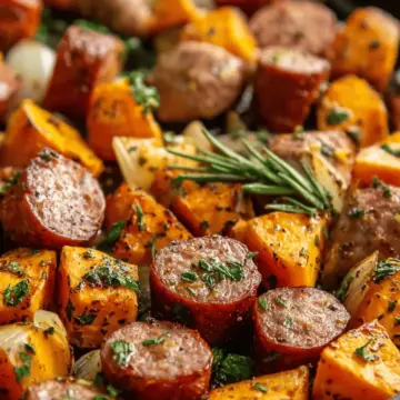 Sheet Pan Sausage and Sweet Potatoes with Honey Garlic Sauce Recipe