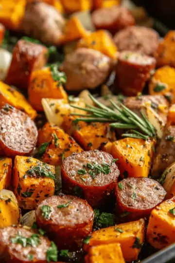 Sheet Pan Sausage and Sweet Potatoes with Honey Garlic Sauce Recipe
