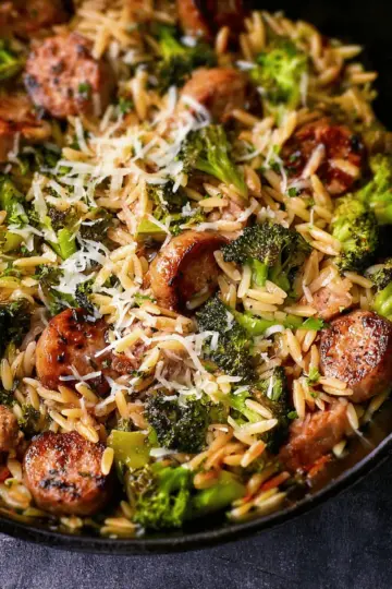 Chicken Sausage, Broccoli, Orzo Skillet