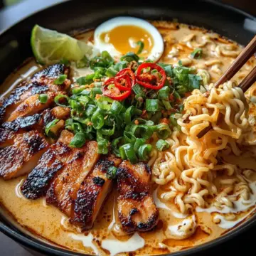 Fiery Chicken Ramen with Creamy Garlic Sauce