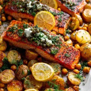 Sheet Pan Salmon with Potatoes and Chickpeas