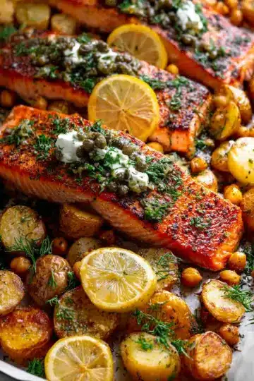Sheet Pan Salmon with Potatoes and Chickpeas