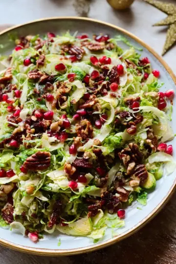 Shaved Brussels Sprout Salad with Pomegranate and Candied Pecans