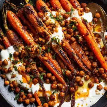 Spicy maple roast carrots with crispy chickpeas and yogurt sauce