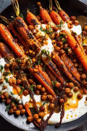 Spicy maple roast carrots with crispy chickpeas and yogurt sauce