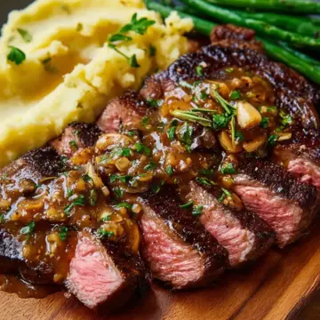 Homemade Ribeye with Roasted Garlic Pan Sauce