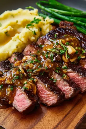 Homemade Ribeye with Roasted Garlic Pan Sauce