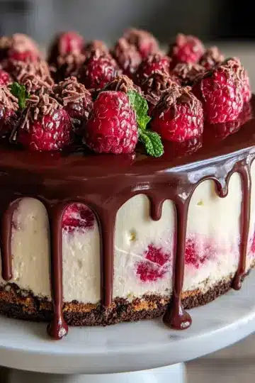 Himbeer-Frischkäse-Torte mit knackigem Schoko-Drip