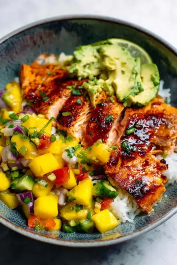 BBQ Salmon Bowls with Mango Avocado Salsa