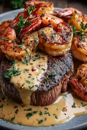 Surf and Turf with Creamy Garlic Sauce