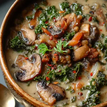Irresistible Wild Mushroom, Caramelized Onion & Kale Soup