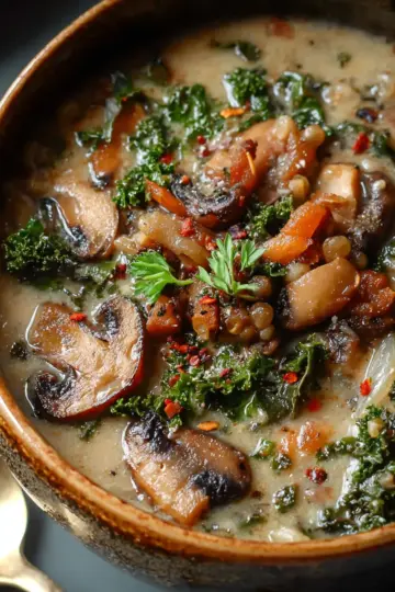 Irresistible Wild Mushroom, Caramelized Onion & Kale Soup