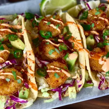 Crispy Shrimp Tacos with a Sriracha-Chili Aioli