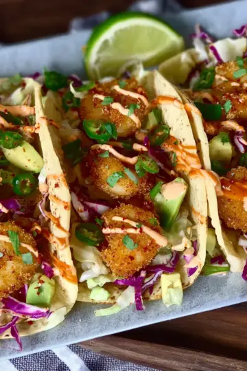 Crispy Shrimp Tacos with a Sriracha-Chili Aioli